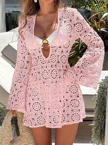 Bonvoyette Women's Solid Color Lace Hollow Long Sleeve V-Neck Beach Vacation Cover-Up - Pink - View 5