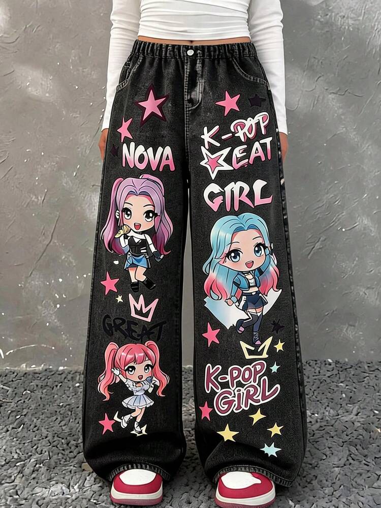 SHEIN Sparklyn Tween Girls Fall Clothes Fall High Waist Wide Leg Long Pants, Printed Fabric, Street Retro Texture. The Pants Feature Super Cute Idol Girl - Black - View 7