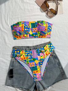 Swim Vcay 2件組女款水果豹紋隨機圖案無肩帶比基尼泳衣套裝，適合夏季海灘度假穿著 - 彩色 - 查看 3