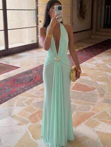 Aloruh Deep V-Neck Green Front Metal Decor Vacation Dress Summer Outfits Clothes Beach Vacation Boho Summer Outfits Clothes Beach Vacation Boho - Green - View 5