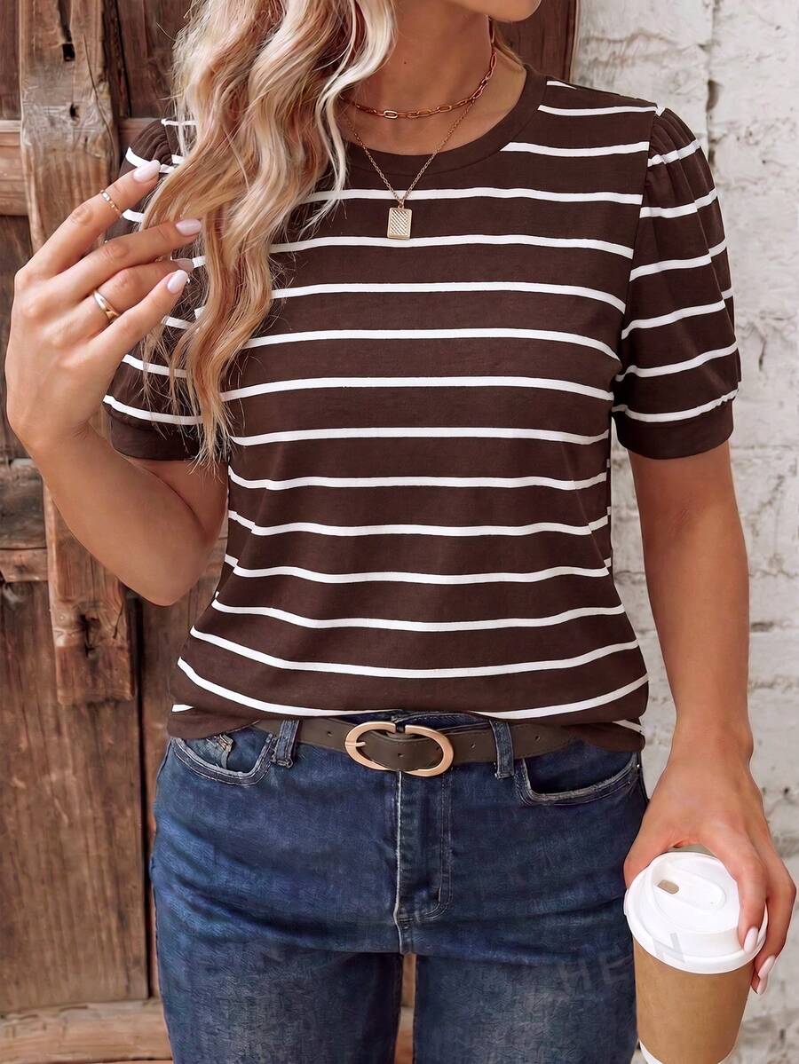 EMERY ROSE Plus Size Women's T-Shirt Spring Summer New Hot-Selling Striped Print Pattern Casual Versatile Round Neck Plus Size T-Shirt - Multicolor - View 1