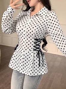 Modelyn 女款圓點領結設計休閒百搭日常出遊襯衫 - 黑與白 - 查看 1