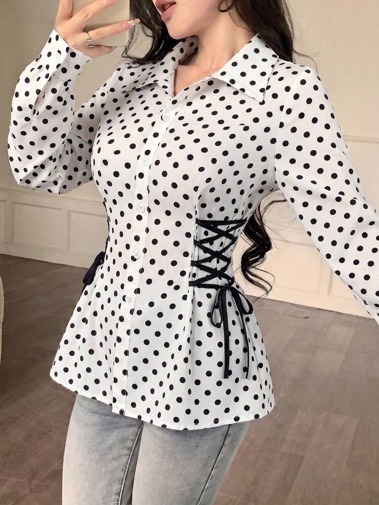 Modelyn Camisa casual versátil de diseño con lazo y lunares para uso diario y salidas de mujer - Blanco y Negro - Añade 3