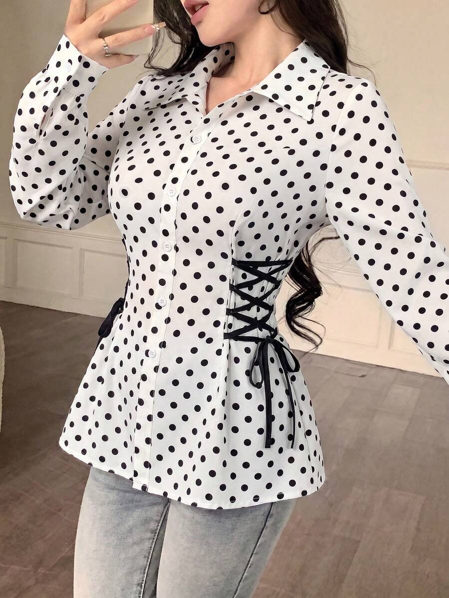 Modelyn 女款圓點領結設計休閒百搭日常出遊襯衫 - 黑與白 - 查看 1