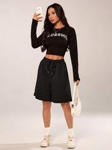 SHEIN PETITE 2026 女款春夏黑色綁腰休閒短褲，適合派對與日常穿著 - 黑色 - 查看 6