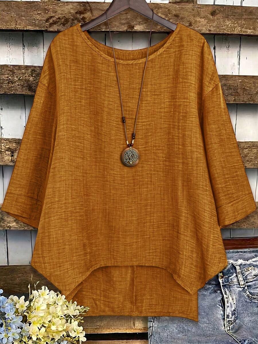 EMERY ROSE Plus Size Women's Textured Vacation Minimalist Asymmetrical Hem Crew Neck Shirt - Orange - View 1