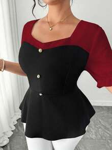 SHEIN LUNE CURVE 大尺碼女款拼接泡泡皺褶短袖襯衫 法式優雅淑女通勤日常穿搭 - 紅色 - 查看 6