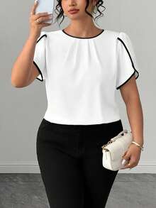 Elenzga Plus Size Women's Patchwork Round Neck Top With Ruffle Short Sleeves And Trim - Black and White - View 6