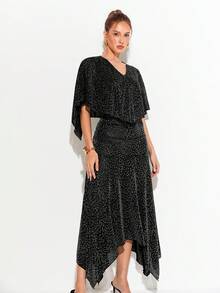 Barévion Women's Dress Slim A-Line Shimmer Leopard Jacquard V-Neck Cape Asymmetric Hem Pleated Elegant Mature Vintage Banquet Black And White Leopard Print - Silver - View 1