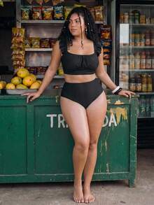 Swim Mod Plus Size Women's Summer Beach Solid Color Ruched Fashion Bikini Set Black - Black - View 4
