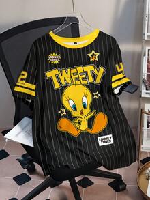 LOONEY TUNES X SHEIN 大码夏季休闲条纹卡通图案圆领短袖T恤 - 白色 - 查看 3