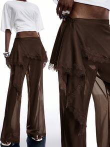 LYSMO Women's Solid Color Contrast Lace 2 In 1 Fashion Long Pants Night Party Vacation Dark Brown Summer Disco Sexy Y2k - Coffee Brown - View 8