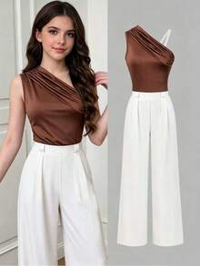 2pcs/Set Teen Girls Summer Casual Commuter Outfit, High Elasticity Solid Color Knit Pleated Asymmetric Shoulder Sleeveless Top With... - Mocha Brown - View 2