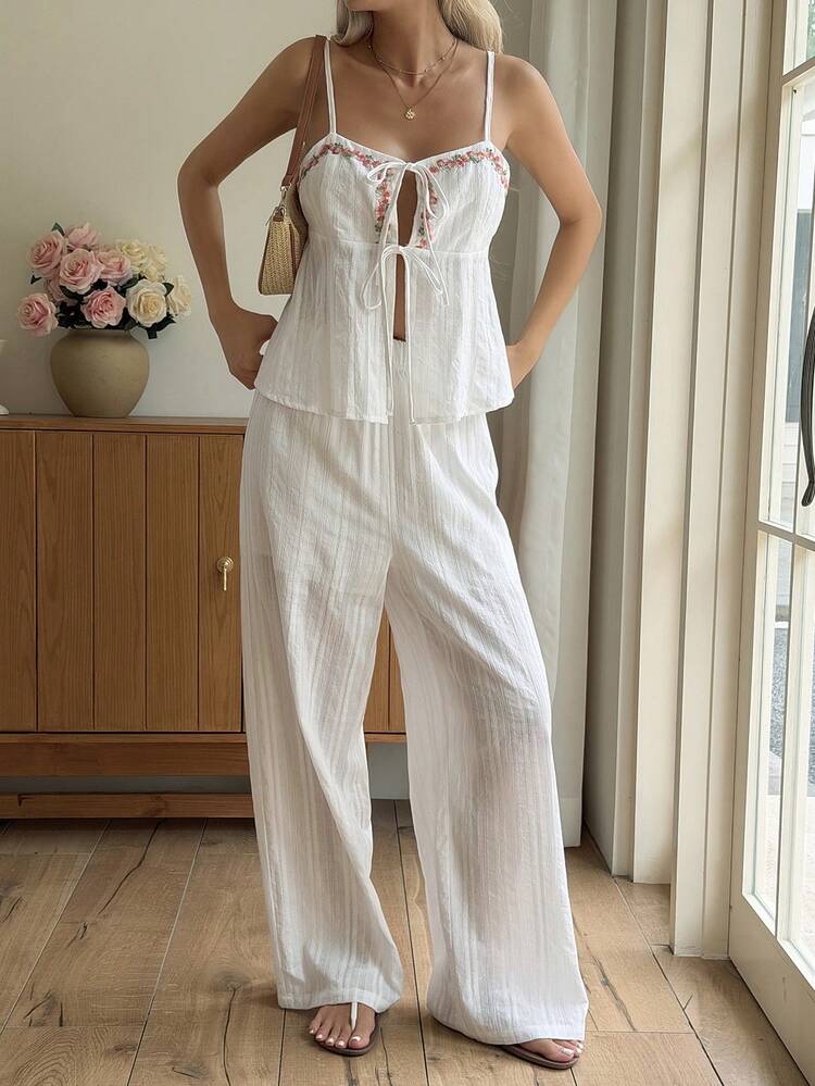 Women's Vacation Casual Embroidered Tie Strap Jumpsuit 2 Pieces Set