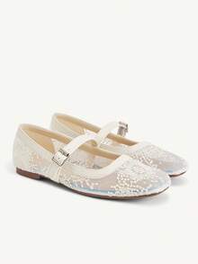 CUCCOO CHICEST Spring And Summer New Low Vamp Beige Lace Mesh Yarn With Flat-Soled Shoes, Fashionable And Elegant Commuting Versatile Mary Jane Women's Shoes - Fireworks net beige 2 # - View 2