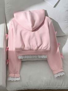 SHEIN 青少年女孩寬鬆休閒極簡舒適日常街頭風連帽修身口袋拉鍊短款長袖運動外套 白色返校穿搭 - 粉色 - 查看 2