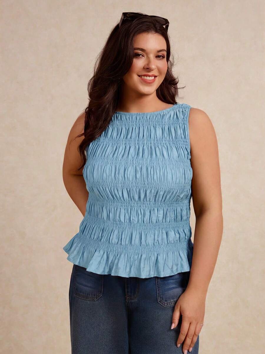 Elaquor Plus Size Women's Solid Color Pleated Ruffle Hem Sleeveless Tank Top - Baby Blue - View 1