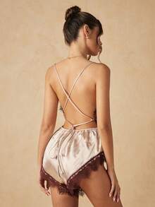 HautHeat Women's Sexy Backless Spaghetti Strap Satin Lace Trim Deep V-Neck Nightgown Jumpsuit - Apricot - View 2