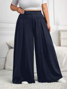 SHEIN CURVE+ CURVE PLUS /Valentine's Day/Plus Size Women's Pleated Loose Pants, Spring/Summer - Navy Blue - View 4