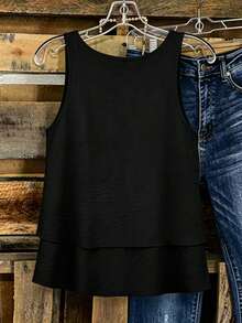 Linhara Spring Summer Autumn Round Neck Sleeveless Double Layer Design Yellow Apricot Color Plus Size Camisole And Tank Top - Black - View 2