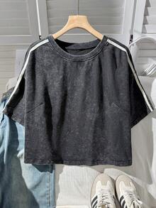 Comfortcana Spring Pure Cotton Snow Wash Plus Size Short Sleeve T-Shirt - Black - View 7