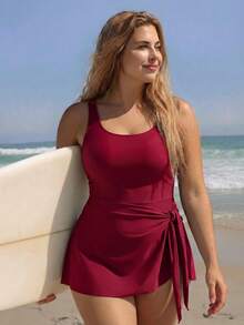 Swim SPRTY Plus Size Solid Color One-Piece Swimsuit For Vacation And Beach Summer - Burgundy - View 1