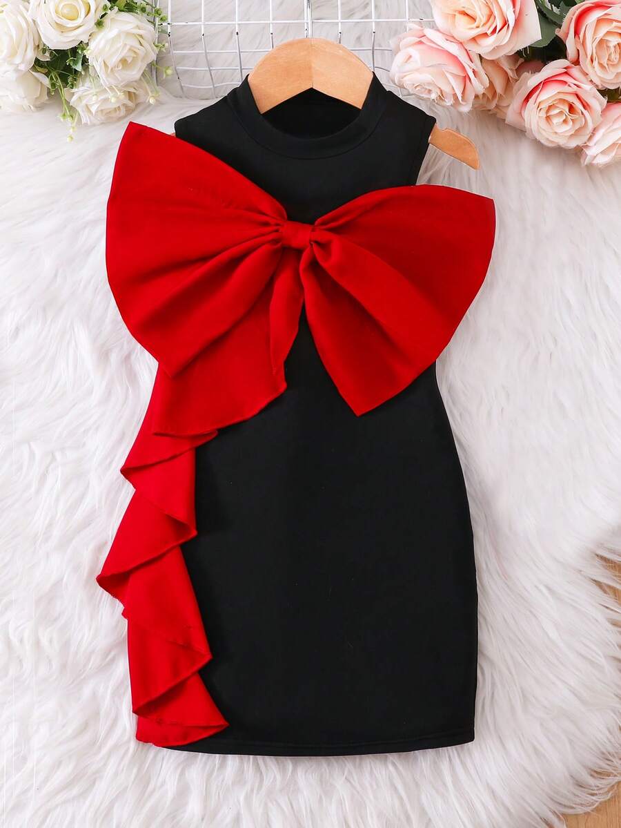 Elladie kids Vestido Preto Canelado com Laço Bordô para Meninas Jovens, Tecido Preto Canelado de Textura Rica, Elegante e Charmoso. Decoração de Laço Bordô Oversized em Contraste, Fresco e Encantador, Estilo Princesa Doce. Ajuste Confortável, Fácil de Usar, Adequado para Ocasiões Diárias e Formais, Ótimo para Festa de Aniversário, Reunião e Passeio de Meninas - Preto - Visão 1