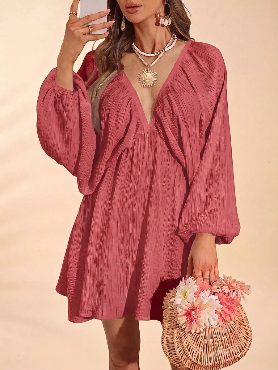 Travachic Solid Color Woven Loose V-Neck Long Sleeve Mini Dress For Women, Suitable For Spring/Summer Vacation - Dusty Purple - View 1