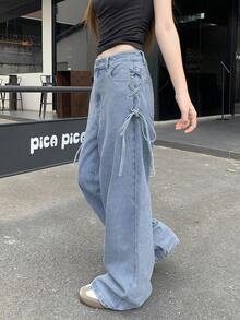 FRIFUL Women's Side Eyelet Lace-Up Wide Leg Loose Casual Denim Jeans School - Blue - View 3