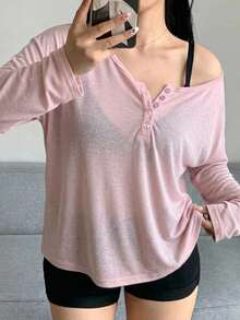Dazy Plus Solid Color Large Scoop Neck Half-Open Placket Long Sleeve T-Shirt Spring/Summer - Baby Pink - View 4