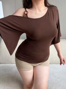 Dazy Plus Solid Color Slim Fit Open Shoulder Design Bell Sleeve Half Sleeve Elegant Brown Plus Size Women Spring Summer Autumn T-Shirt - Brown - View 4