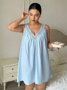 Dazy Plus Contrast Lace V-Neck Blue Elegant Casual Knee-Length Home Wear Plus Size Women's Nightgown Spring Summer - Baby Blue - View 4