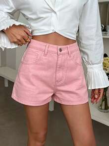 DAZY Spring/Summer Women's Casual Solid Color Washed Shorts - Pink - View 4