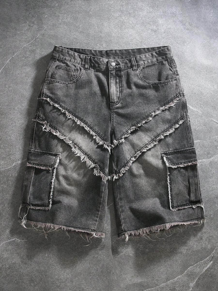 Manfinity Denimwave Men's Button Front Straight Leg Denim Shorts With Frayed Hem And Patch Pockets - Light Grey - View 1