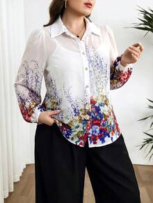 Modelyn Plus Size Women's Floral Pattern Lantern Sleeve Single Breasted Elegant Blouse - White - View 5