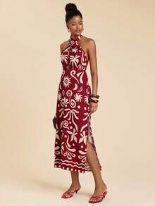 Travachic Vacation Casual Tropical All-Over Print Backless Halter Neck Dress,Summer,Beach Vacation,Elegant,Vacation Burgundy - Red - View 4