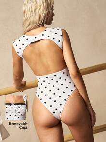 VARSIVA Women's Summer Vacation Beach Polka Dot Print Contrast Lace Bodysuit - Black and White - View 9