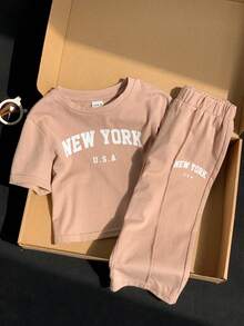SHEIN Baby Girl Spring/Summer Cute Casual Minimalist Letter Print Loose Short Sleeve T-Shirt + Long Pants 2-Piece Set - Khaki - View 4