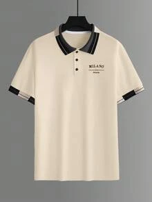 Manfinity CasualCool 男士珠飾刺繡羅紋領短袖休閒 Polo 衫 - 杏色 - 查看 5