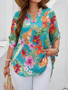 EMERY ROSE Plus Size Summer Floral Print Notch Neck Roll Sleeve Shirt Women Blouses Tropical Tops Beach Shirts For Hawaiian - Mint Green - View 4