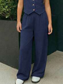 Firerie Kids Firerie Kids Tween Girl Solid Color Elastic Waist Straight Leg Loose Fit Long Pants - Navy Blue - View 5