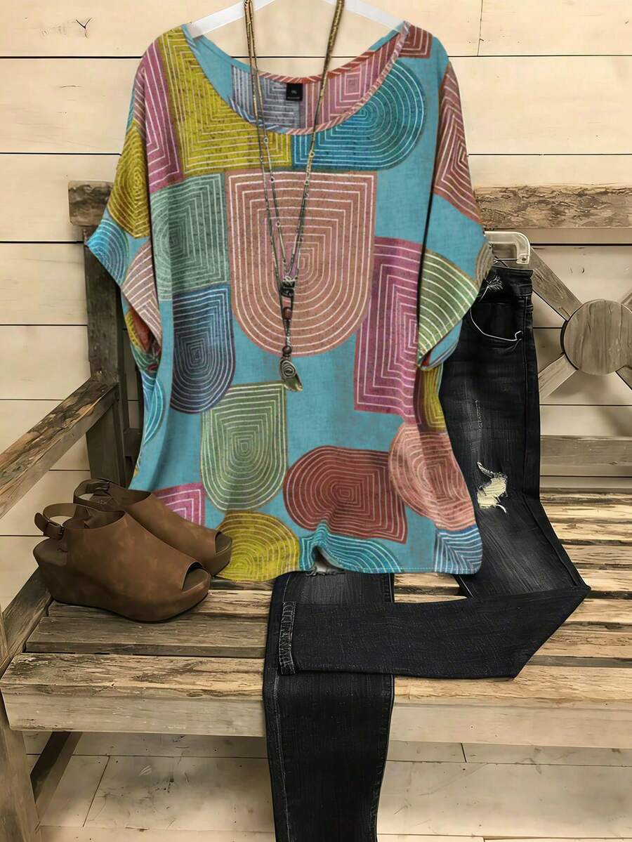 SHEIN LUNE CURVE Plus Size Woven Printed Casual Resort Summer Shirt - Blue - View 1