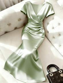 Franclia Plus Size Women Elegant Ruched Pearl Button Decor Short Sleeve Fishtail Dress, Spring/Summer Cocktail Formal Sage Green - Mint Green - View 3
