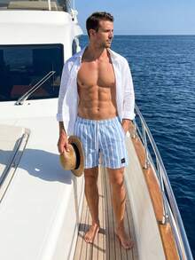 Palasendo Men's Palm Tree & Striped Drawstring Waist Beach Shorts, Holiday - Baby Blue - View 4