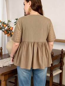 Lacomfia Crochet Mesh Patchwork Khaki Short Sleeve Loose Casual Everyday Plus Size Shirt - Khaki - View 2