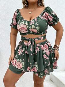 Vionelle Conjunto casual diário de 2 peças para mulher plus size com top plissado e saia-calça com estampado floral - Verde escuro - Ver 5