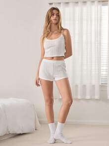 Ocili 2 piezas Conjunto de ropa de dormir de camiseta y pantalones cortos de mujer con textura de encaje de algodón cómodo - Blanco - Ver 4