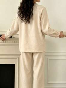 DAZY Soft Blue Cotton Pleated Ruffle Design Loose 2-Piece Pajama Set For Women - Apricot - View 2