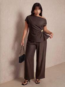 Elaquor Plus Size Women's Elegant Brown Autumn Curve Cocktail Outfit,Asymmetrical Neck Metal Ruched Top And Wide Leg Pants 2-Piece Set,Commuting Vacation - Brown - View 3