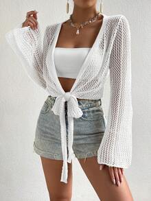 SHEIN Swim 女款素色長袖鏤空和服式罩衫 - 白色 - 查看 5